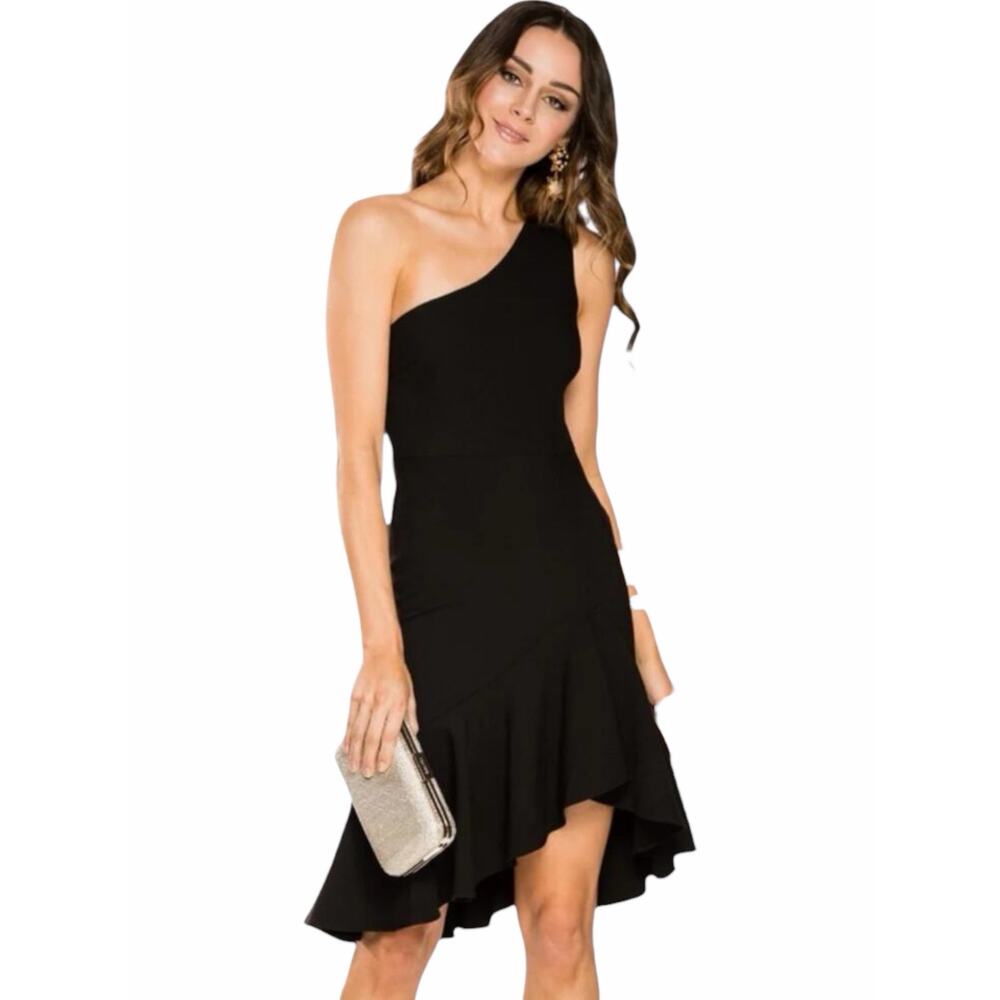 Likely Rollins One Shoulder Flounce Hem Black Cocktail Dress Size 8